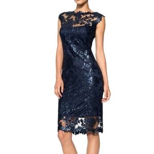 Tadashi Shoji Illusion Dress Womens Size 2P Navy Blue Lace Sequin Sheath New